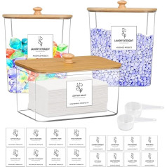 Domigard Laundry Bin with Wooden Lid, 3 Clear Plastic Jars for Detergent, High Capacity Washing Powder Storage Container with 2 Scoops, 16 Labels for Home