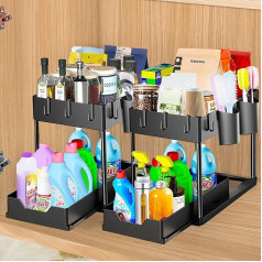 Phantasy Kitchen Cabinet Organiser, 2 Pieces, 2 Levels, Under Sink Shelf with 8 Hooks and 4 Cups, Storage Under Sink, Extendable Basket Under Cabinet Base, Black