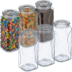 Relaxdays Storage Jars with Lids, Set of 6, Glass, 1300 ml, Square Storage Jars, Airtight Glass Containers, Transparent