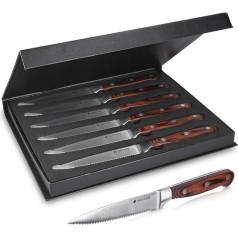 Navaris 6 x Steak Knife Set with Wooden Handle - Cutlery Knife 6 Pieces - Stainless Steel and Wood Cutlery Set with Gift Box - Serrated Edge Steak Cutlery