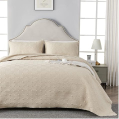 Qucover Bedspread, Bed Throw 220 x 240 cm, Beige, Bedspreads Made of Microfibre, Bed Throw Set with 2 Pillowcases 50 x 75 cm, Quilt Sewn at 3D Ultrasonic Sofa Throw Bed Throw Blanket