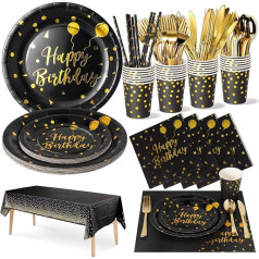 Nkaiso Party Tableware Children's Birthday Party, 20 Guests, Black Gold Party Tableware, Party Set with Pastel Cups, Napkins, Tablecloth, Paper Plates, Birthday Girl Birthday Decoration for Party