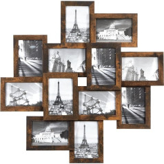 SONGMICS Picture Frame RPF022X01 for 12 Photos 4 x 6 Inch - Wall Mounting and Assembly Required - Glass and MDF Wood Frame Rustic Brown