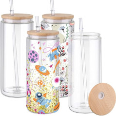 Wyleaves Sublimation Glass Blank 16oz Christmas Iced Coffee Cups Beer Can Glass with Bamboo Lid and Straw Boba Tea Tumbler 4 Pack Single Layer/Double Layer
