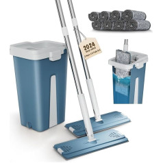 Mop Set with Bucket, Hands-Free Flat Floor Mop with 8 Microfibre Pads, Household Cleaning Tool with 2-Chamber Design, Separate Clean/Dirty Water (Double Mop Light Blue)