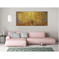 Orlco Art Wall Decoration Hand-Painted Landscape Flower Wall Art Abstract Spatula Gold Tree Blossom Painting On Canvas Family Wall Living Room Art Wall Decoration Stretched 71 x 142 cm