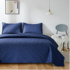 beeweed Bedspread, Bed Throw, 240 x 260 cm, Navy, Made of Microfibre, Quilt Throw, Lightweight, Ultrasonic Sewing, with 2 Pillowcases, Basket Weave Pattern
