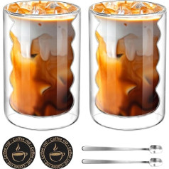 Set of 2 Latte Macchiato Glasses, 350 ml Double-Walled Glasses with 2 Spoons and 2 Coasters, Thermal Glasses Double Walled Made of Borosilicate Glass for Cappuccino, Latte, Tea, Ice Cream, Iced Tea,