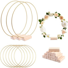 Metal Ring with Wooden Stand Set, 10 Pieces Gold Metal Rings for Crafts with 10 Wooden Stands, 25 cm Metal Ring Macrame Rings, Wire Rings for Crafts, Wedding Wreath Decoration, DIY etc.