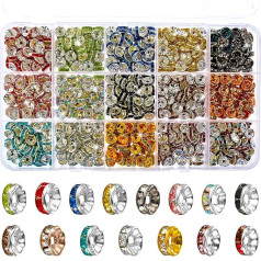 Pack of 900 Glass Beads for Bracelets, 7 mm Glitter Beads, Metal Spacer Beads for Threading, Rondelle Rhinestone Spacer Beads, Crystal Metal Beads, Round Spacer Beads for DIY Earrings, Necklace,