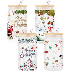 WOSIWULA 4 Pack Christmas Glass Mugs, Christmas Decoration Gifts, 360 Degree Printing of Pictures, Christmas Coffee Mugs, Tumbler with Lid, Straws, Cleaning Brushes, 16 Ounce