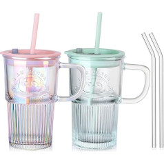 ZgoEC Drinking Cup with Lid and Straw, Set of 2, 420 ml, Leak-Proof Drinking Glass with Handle, Iced Coffee Cup, Cappuccino, Latte Macchiato Glasses, Glasses with Lid and Straw, Tumbler for Coffee Tea