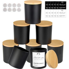 CONNOO Empty Black Glass Candle Jars for Candle Making with Bamboo Lids and Adhesive Labels, Large Candle Jars for Candle Making - Spice Powder Containers, Pack of 8