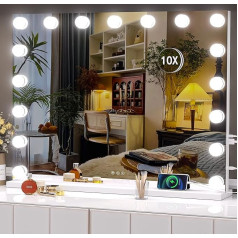Hasipu Cosmetic Mirror with Lights, 80 x 60 cm, Hollywood Mirror, Makeup Mirror with 17 Dimmable Bulbs and 10x Magnification, 3 Color Modes, Touch Control, USB Charging Port, Type-C