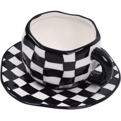Koythin Ceramic Coffee Cups with Saucers Set, Innovative Black and White Checked Coffee Mug Cup for Office and Home, 10 oz/300 ml Cups for Latte Tea Milk