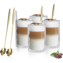 Hniuyun Double Wall Glass Coffee Mugs 400ml Transparent Coffee Cups with Spoons Insulated Glass Cups for Cappuccino Milk Tea Espresso Hot Drinks (Pack of 4)
