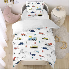 CINYE Dino Cars Bed Linen 135 x 200 cm for Boys and Girls 3D Print Cartoon Dinosaur Car Tractors Children's Bed Linen Microfibre Duvet Cover 135 x 200 cm with 1 Pillowcase 80 x 80 cm
