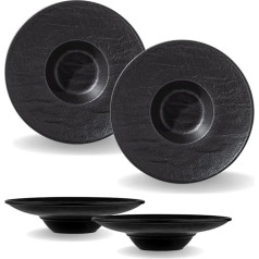 Wilmax Deep Bowls - 2 Pieces 27 cm / 250 ml | Black Pasta Plates | Natural Stone Texture | For Pasta, Soups, Salads, Main Dishes | Scratch-Resistant Soup Plate | Dishwasher and Microwave Safe