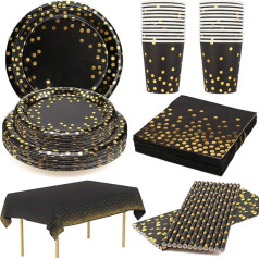 24 Guests Black and Gold Party Tableware Disposable Paper Plates Napkins Paper Cups Straw Tablecloth for 20s Party 18th 50th 70th Birthday Graduation Halloween Golden Black Party Plates