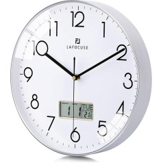 Lafocuse Silent Wall Clock with Calendar, Digital LCD, Modern Wall Clock with Date, Weekday of the Week and Thermometer, Silver Analogue Quartz Clock for Living Room, Bedroom, Office, Kitchen, 30 cm