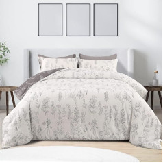 Qucover Duvet 135 x 200 cm with Cover Made of Microfibre Filling 230 GSM Soft 4-Seasons Duvets with 1 Pillowcase Printed Plants Pattern Reversible Quilt White and Grey (135 x 200 + 50 x 75 x 1)