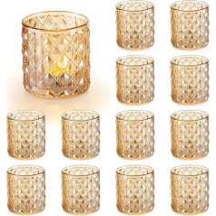 Inweder Gold Votive Candle Holder 12 Pieces Glass Tea Light Holder Clear Glass Cylinder Candle Holder for Pillar Candles Tea Light Holder Bulk for Wedding Event Baby Shower Home Decoration