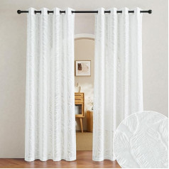 PONY DANCE Curtains Living Room Modern Curtain White Transparent Eyelet Curtain Set of 2 H 245 x W 132 cm Voile Curtains Transparent White Curtains with Banana Leaf Pattern