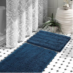 JOTOM Bathroom Rug, 2-Piece Bath Mat Set, Soft Non-Slip Bath Mats, Chenille, Absorbent Shaggy Bathroom Rug for Bath, Tub and Shower (Navy Blue)