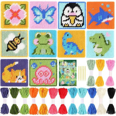 Pllieay 10-in-1 Cross Stitch Beginner Kit for Children, Embroidery Kit Contains 10 Pieces Plastic Mesh Canvas with Pattern, 15 Yarns, 5 Weaving Needles, Needle Tips Starter Kit, Sewing Set with