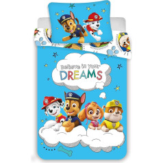 Children's Baby Bed Linen Set Paw Patrol Believe in Your Dreams Blue with Marshall Rubble Skye and Chase, Duvet Cover 100 x 135 cm, Pillowcase 40 x 60 cm, 100% Cotton, Boys and Girls