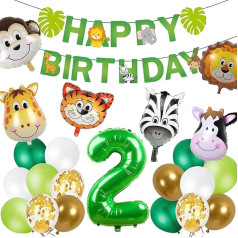 Joyeah Happy 2nd Birthday Decorastion Jungle Safari Theme Party Supplies Safari Wild Theme with Happy Birthday Banner Number 2nd Balloon Animal Balloons Party Decoration for Boys and Girls Green