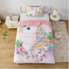 MUSOLEI Single Duvet Cover for Girls 135 x 200 cm Unicorn 3D Printing Unicorn 2 Pieces Duvet Cover 135 x 200 cm and 1 Pillowcase 50 x 80 cm for Children