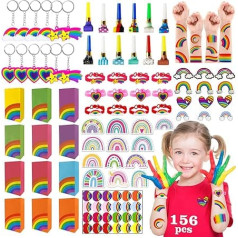 Leesgel Rainbow Children's Birthday Toy Set, 156 Pieces Small Gifts for Children with Key Ring, Brooch, Gift Bag, Temporary Tattoos Stickers, Party Bags, Party Bags, Prizes Games