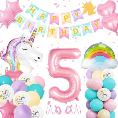 5th Unicorn Balloon Birthday Decoration Girl, YYDSXK 5th Unicorn Party Decoration Balloons, Happy Birthday Banner, Number 5 Giant Unicorn Foil Balloon Birthday Party Supplies for Kids Girls