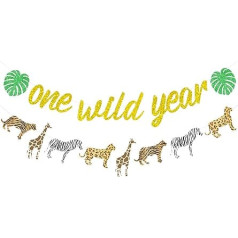 Sursurprise A Wild Year Banner Gold Glitter Animal Print Cheetah Garland, Jungle Safari Theme Wild One First Birthday Party Supplies for Children