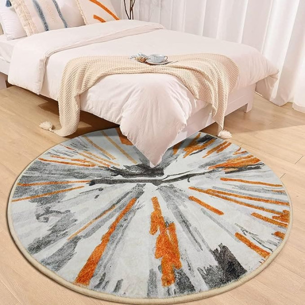 NYCCIA Modern Round Area Rug Abstract Rug Large Living Room Rug Washable Non-Slip Diameter 120cm Grey Orange Rug Bedroom Accent Mat Home Decor Rugs