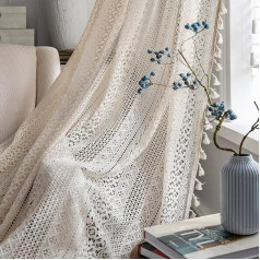 2 Panels Boho Window Sheer Curtains Crochet Vintage Cotton Tassel Window Curtains for Bedroom Living Room (Crocheted, Beige, 59x63)