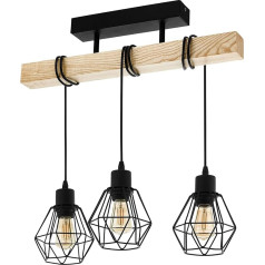 EGLO Townshend 5 Ceiling Light, 3-Bulb Vintage Ceiling Light in Industrial Design, Retro Pendant Light Made of Steel and Wood, Black, Brown, FSC Certified, E27 Socket