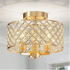 SHRINE LIGHTING Crystal Chandelier, Modern Style, Perfect Ceiling Light for Living Room, E14 x 3 Sockets, D27 x H22 cm, Canopy with Brass Finish