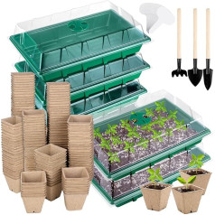 Hahood Pack of 6 Seed Starter Tray Kit with 120 Square Peat Pots for Seedlings, Propagation Trays, Plastic Germination Tray, Paper Starter Pods for Plant Seeds, Green