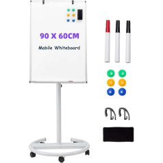 Flipchart with Wheels Whiteboard 90 x 60 cm with Shelf Round Base, Hook Moving Flipchart Paper, Magnetic Writeable Height Adjustable Flip Chart, Paper Holder (Round Base with Wheels)