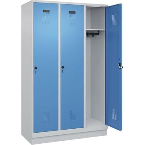 C + P Möbelsysteme C+P Evolo Plus Locker, 3 Compartments, Light Grey/Light Blue, W 1200 mm, with Base Base, Rotating Latch