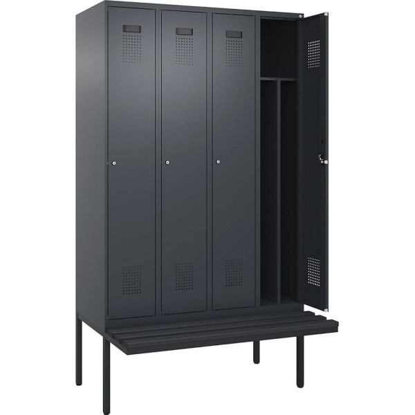 kaiserkraft Evolo Plus Locker with Central Divider and Bench 4 Compartments Divider Centre Grey W 1200 mm Cylinder Lock with Canopy Bench Plastic