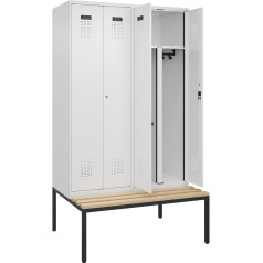 kaiserkraft | Schwarz-Weiß-Spind Evolo Plus Sitzbank | 4 Abteile | weiß | B 1200 mm | Zylinderschloss | mit untergebauter Sitzbank | Buche