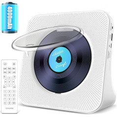 Gracioso 4000mAh Rechargeable CD Player Bluetooth 5.0 with Radio 5W Dual Speaker Playback Light Remote Control Dust Cover Display FM Radio Timer Headphones USB/SD Card/AUX Playback White