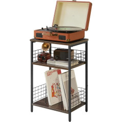 Ymyny Side Table, 3 Tier Standing Shelf, Plate Stand with Classified Storage, Protective Iron Net, for Turntable, CDs, Magazine, Living Room, Bedroom, Studio, Grey, HST009G