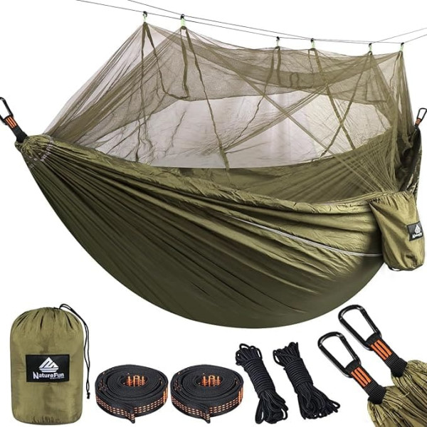 NatureFun Ultralight Mosquito Net Camping Hammock (300 x 200 cm), 300 kg Load Capacity, Breathable, Quick-Drying Parachute Nylon, Includes 2 x Premium Carabiner Hooks, 4 x Nylon Loops