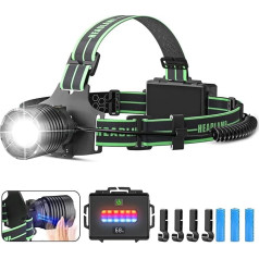 Sogdeco Rechargeable LED Headlamp, Super Bright 90,000 Lumens, 7800 mAh, 10 Light Modes, Head Torch with Sensor and Red Light, IPX7 Waterproof for Camping, Hiking, Fishing