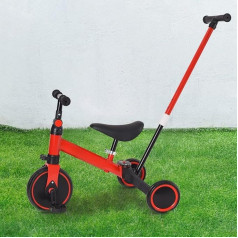 Toddler Tricycle, Balance Bike with Larger Wheels, Removable Pedals, Height-Adjustable Seat, Walker for Children from 1 Year to 4 Years (Red with Push Handlebar)