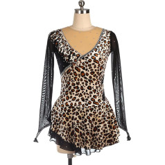 YDHTIZ Girls' Figure Skating Competition Suit Velvet Leopard Print Long Sleeves Rhinestone Ballet Dance Sparkly Tutu Dress Competition Training Athletic Female